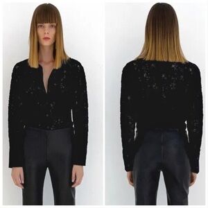 ZARA WOMENS BLACK CROCHET FLORAL EMBROIDERED LACE LONG SLEEVE BUTTON UP TOP SZ M